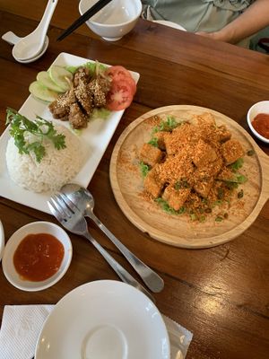 Hongkong Tofu on the right and chicken on the left  at Nhà Hàng Chay NẤM in Phu Quoc