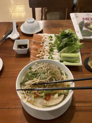 Pho + „pork“ belly with noodles (for me too realistic).  at Nhà Hàng Chay NẤM in Phu Quoc