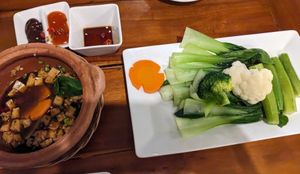 Steamed vegetables with caramelized dipping sauce at Nhà Hàng Chay NẤM in Phu Quoc