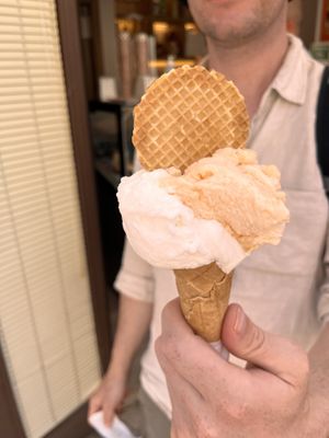 Lemon and melon (cones are vegan!)   at Baffone Gelateria Artigianale in Ravello