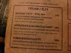 Vegan menu at Simba in Gothenburg