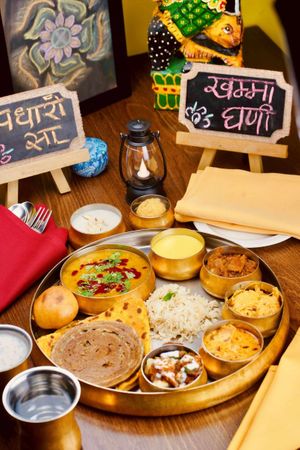 Royal Dine-in Thali, available in vegan. at Tatta Chulha in Vancouver