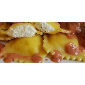 Four Cheese Ravioli in choice of Vegan Red Sauce or Alfredo Sauce (has Dairy in ravioli so only Veg) at Bay Cafe in Provincetown