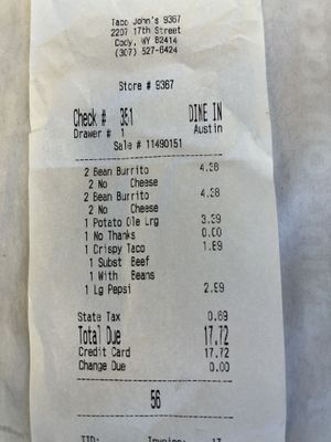 Meal for 2 adults  at Taco John's in Cody