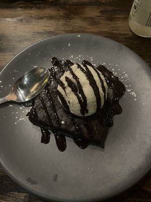 Brownie with vegan Vanilla Ice Cream at Iron Bay Restaurant & Drinkery in Marquette