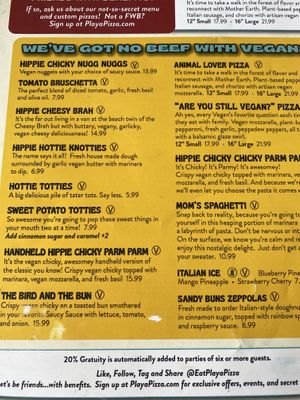 Vegan menu  at Playa Pizza in Windermere