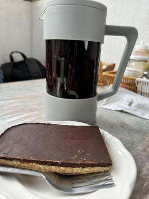 Peanut butter chocolate bar and coffeee  at Zen Eats in San Marcos La Laguna