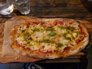 Mozzarella and Pesto (so good) pizza!!! at Ortica Italian Plant Based in Urmston