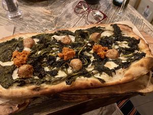 Vegan sausage and wild broccoli pizza  at Ortica Italian Plant Based in Urmston