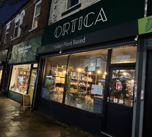 Exterior of Ortica and the bookshop next door, brilliant for us as we love bookshops and we love vegan Italian food    at Ortica Italian Plant Based in Urmston