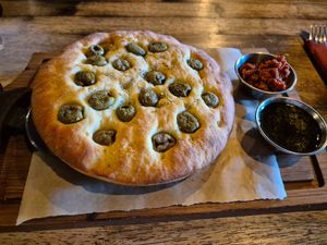 Foccacia + nduja + pesto at Ortica Italian Plant Based in Urmston