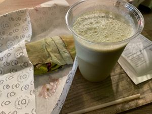 Cauliflower wrap and vanilla matcha shake  at Greenrebel in The Hague