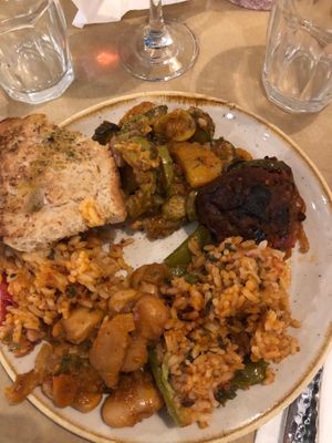 Here is the entire plate with different topical dishes, so good at Psatha in Preveza