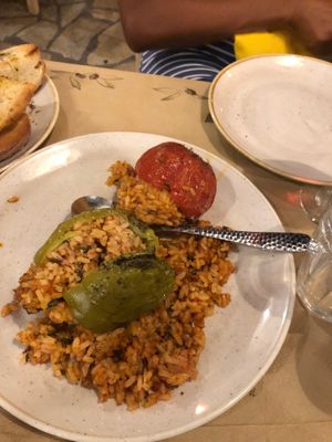 Topical Greek dish: Stuffed peppers and tomatoes with rice at Psatha in Preveza