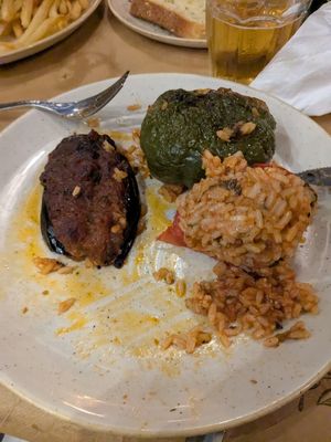 Stuffed aubergine and stuffed peppers at Psatha in Preveza