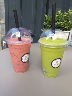 Berry smoothie and green smoothie. Both delicious. at Squeezee in Barmouth
