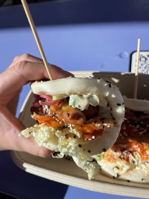 Bao bun - vegan with kimchi, asparagus, vegan mayo, spring onions, cabbage no cilantro   at Silk Road in Oslo