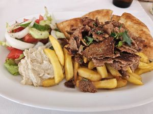 Vegan gyros plate with hummus at Castellan Restaurant in Rhodes