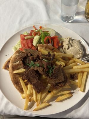 vegan Gyros with Pita, French fries and Hummuss  at Castellan Restaurant in Rhodes