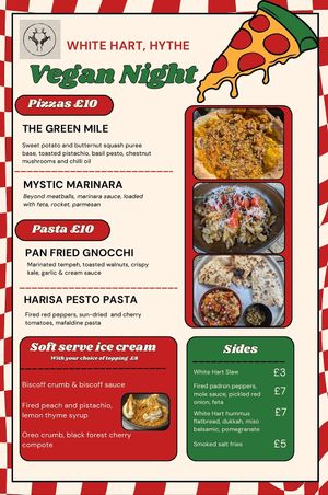 Vegan night menu at The White Hart in Hythe