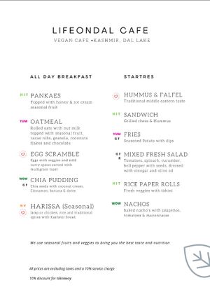 Menu at Life on Dal  in Srinager