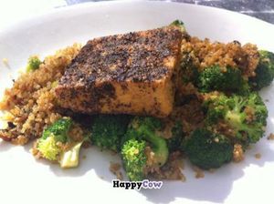Blackened Tofu over organic quinoa and broccoli at West Avenue Cafe in Miami Beach