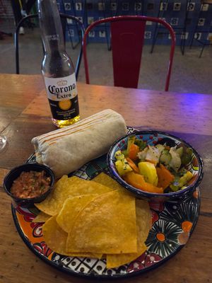Vegan chorizo burrito with side of roasted veg at Cosmic Cantina in Durham