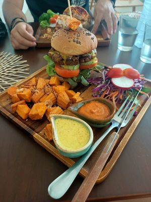 Burger with sweet potato fries at Pure Vegan Heaven - Thong Sala in Koh Phangan