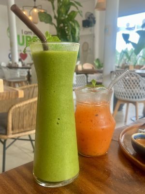 Huge green power smoothie and their juice “punch” 👌  at Pure Vegan Heaven - Thong Sala in Koh Phangan