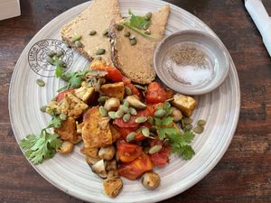 Funguy & Temp-tress Plate, $4.50. One of the best vegan dishes I’ve ever had. I don’t know how they cooked the tempeh, but I know I liked it.  at The Little Red Fox Espresso in Siem Reap