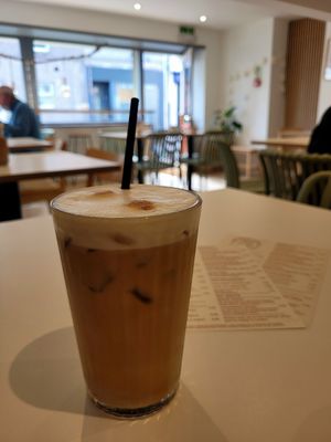 Iced Coffee (Oat Milk). at Reubens Cafe & Coffee in Holyhead