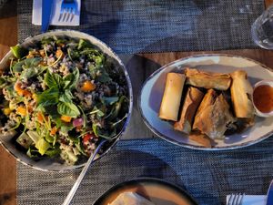 Quinoa salad and spring rolls - new vegan additions in their menu at Mouria 1923 in Kymi