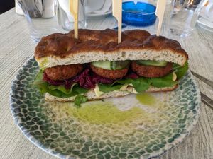 Vegan falafel focaccia at Remezzo in Crete