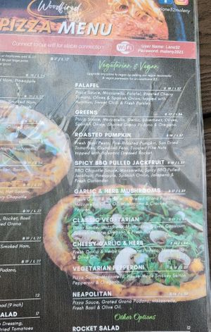 Menu vegan at Lane 32 in Maleny