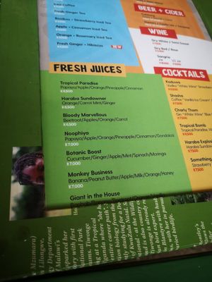 Fresh juices on the menu at KwaHaraba Art Gallery and Cafe in Blantyre