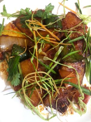 New added dish : Thobu chilly ( chickpeas tofu ) at Hamro Vegan in Lalitpur