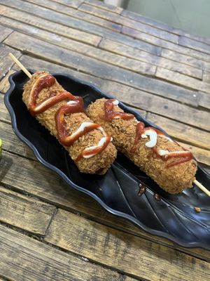 Corndog!!! (Outside was tofu-ish(?) and vegan sausage inside)   at Hamro Vegan in Lalitpur