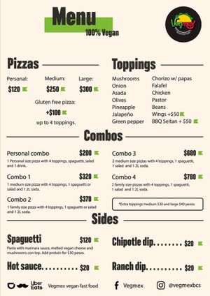 Menu at VegMex in La Paz