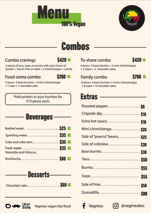 Menu at VegMex in La Paz