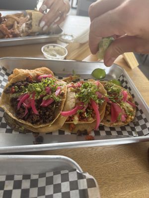 Taco trío- asada, al pastor, pollo  at VegMex in La Paz