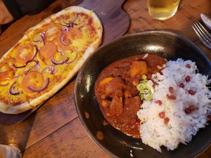 Vegan pizza with Violife cheese and butternut squash and cranberry tagine entree at Duke Of Somerset in East London
