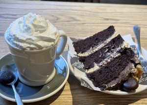 Hot chocolate and snickers cake  at Mrs Potts Chocolate House in Bath