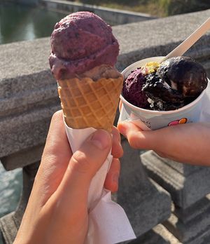 Blueberry & chocolate-banana in a cone, blueberry & oreo   at Chika Sladoled in Ljubljana