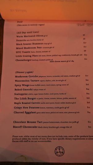 Menu October 2023 at Hail Lilith  in Footscray