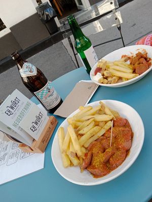 Currywurst mit Pommes at Eh Wurst Vegane Würstelbar in Vienna