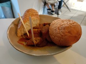 Curry wurst at Eh Wurst Vegane Würstelbar in Vienna