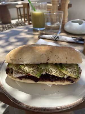 Vegan Sandwich with Olives, vegan Feta and Zucchini  at goat in a boat in Naxos