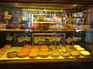 Display case at Dun-Well Doughnuts in Brooklyn