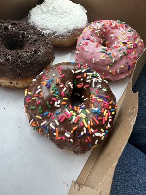 Raspberry jelly, strawberry, chocolate, and triple chocolate  at Dun-Well Doughnuts in Brooklyn