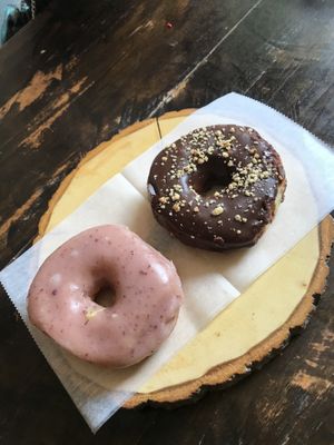 Chocolate and peanut butter + blueberry  at Dun-Well Doughnuts in Brooklyn